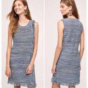 NWT Anthropologie Holding Horses Knit Blue Motif Fringe Sweater Dress Womens XXS